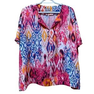 Chico's Ikat Print Top Blouse Pink Blue Orange‎ Size 1 US 8/10